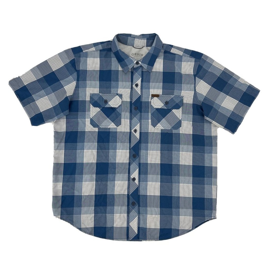 Men's Orvis Short Sleeve Button Down‎ Shirt Blue White Plaid XL